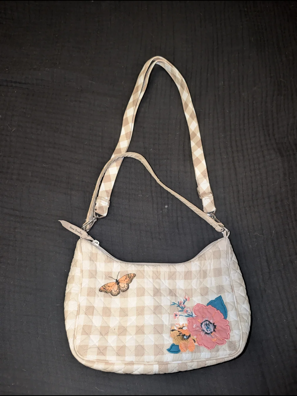 Vera Bradley Beige Quilted Shoulder Bag with Floral & Butterfly Appliqué
